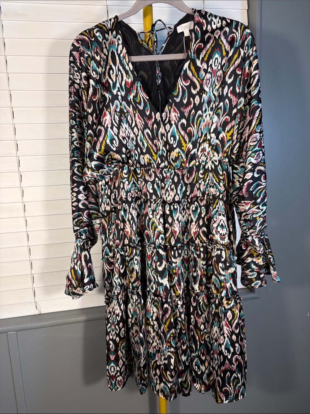 ODDY Black Multi Ikat Tiered Long-Sleeve Dress